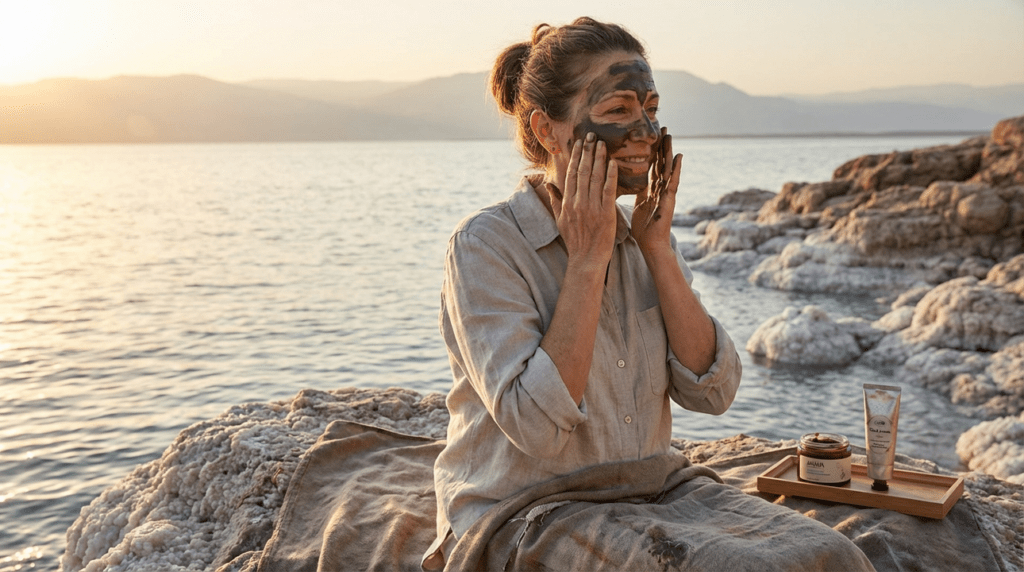 Middle-aged Jewish woman applying mud near Dead Sea, serene evening.