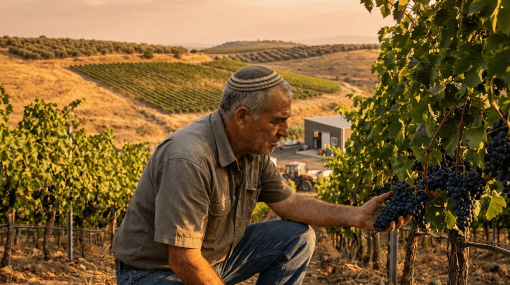 Vintner in kipa inspects grapes in Golan Heights vineyard at sunset.