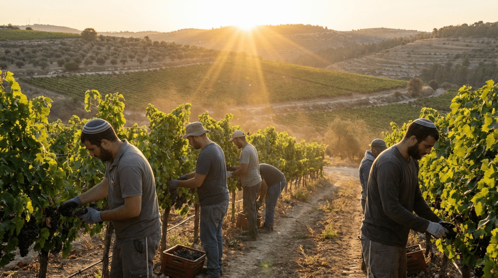 Early morning in Israeli vineyard with workers harvesting grapes.
