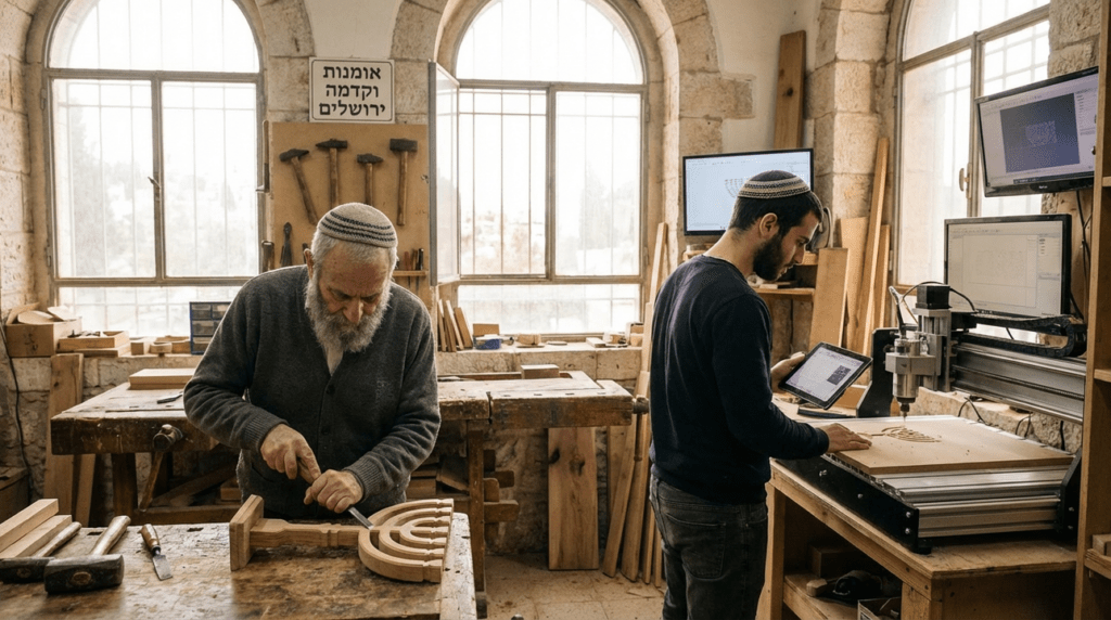 Workers in kippahs craft menorahs with modern and ancient tools.