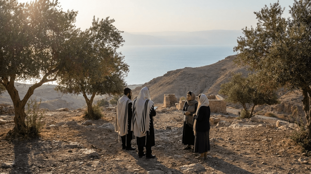 Early morning in hills near Dead Sea with olive trees and praying people.