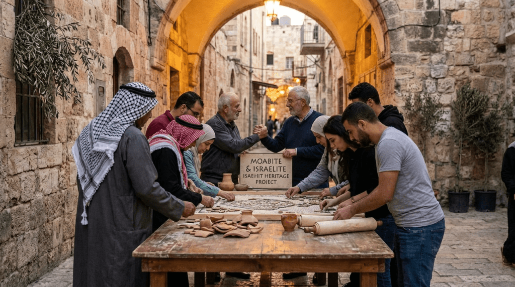 Group of people engaged in a communal activity in Jerusalem.