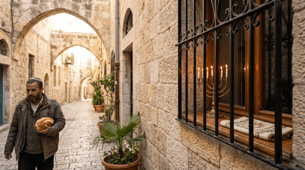 Early morning light in Jerusalem alley with visible menorah.