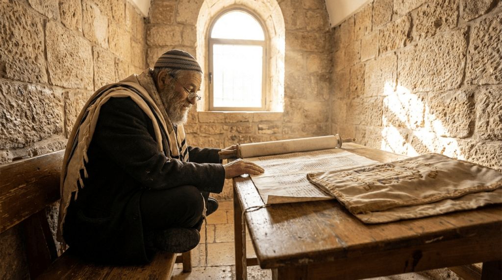 Elderly Jewish man in kipa and talit reading Torah in synagogue.