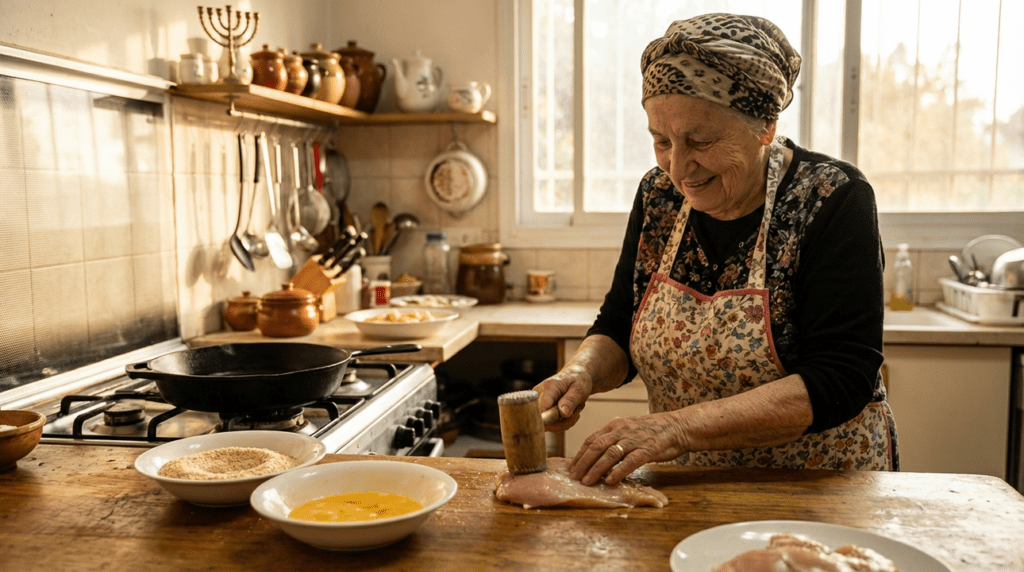 Elderly Jewish woman making schnitzel in a traditional kibbutz kitchen.