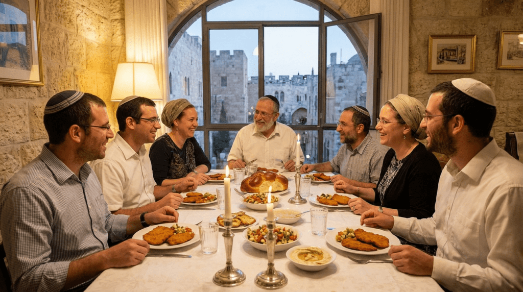 Family enjoys Shabbat dinner with schnitzel in Jerusalem home.