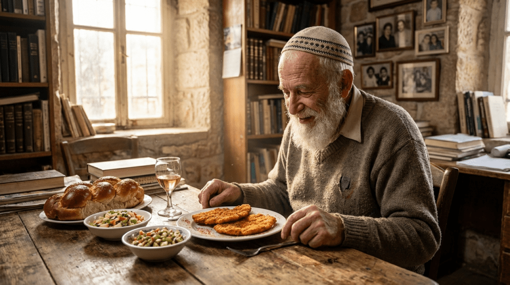 Elderly Jewish man at Shabbat dinner table in Jerusalem home.