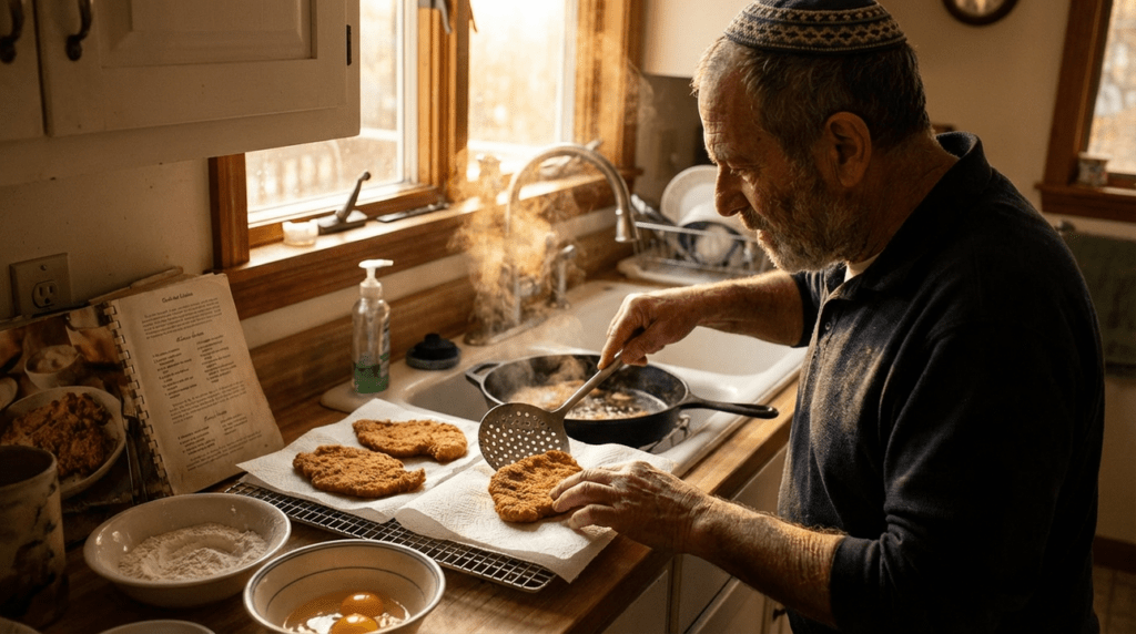 Elderly Jewish man in kippah draining schnitzel in rustic kitchen.