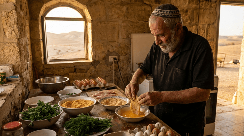 Elderly Jewish man in kippah making schnitzel in a rustic kitchen.