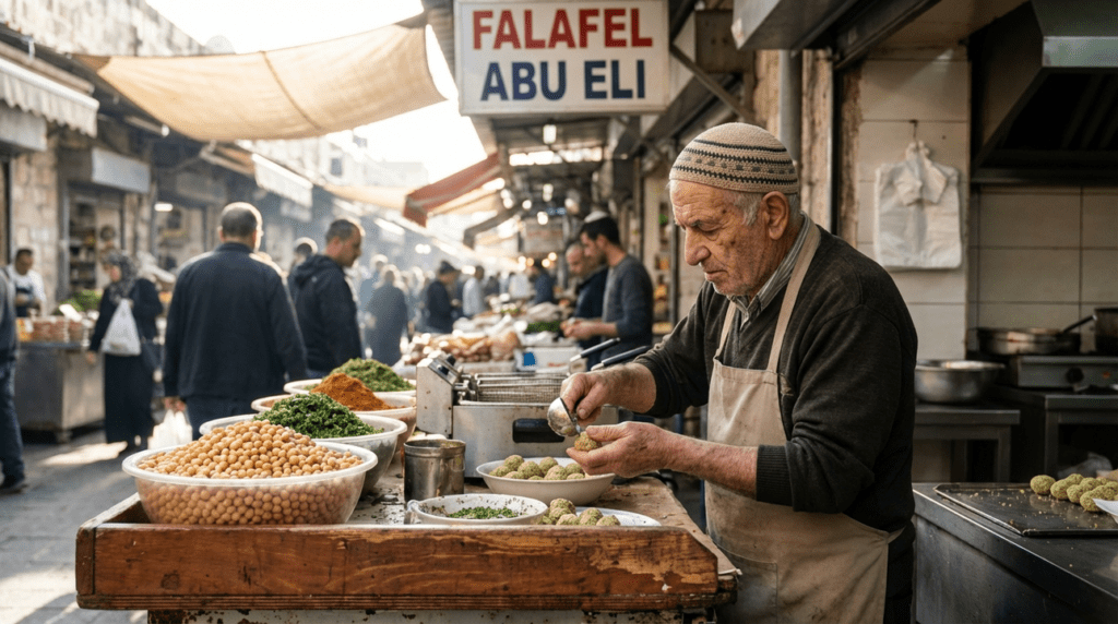 Elderly Jewish man making falafel at a market stall in Jerusalem.