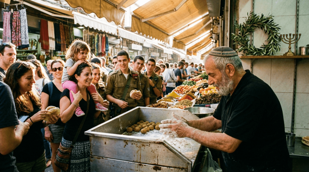 Elderly Jewish man making falafel at a bustling Israeli market.
