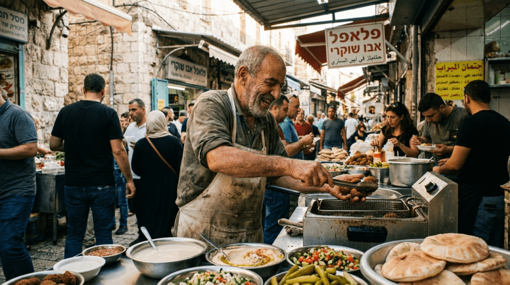 Elderly man preparing falafel at a bustling Jerusalem market.