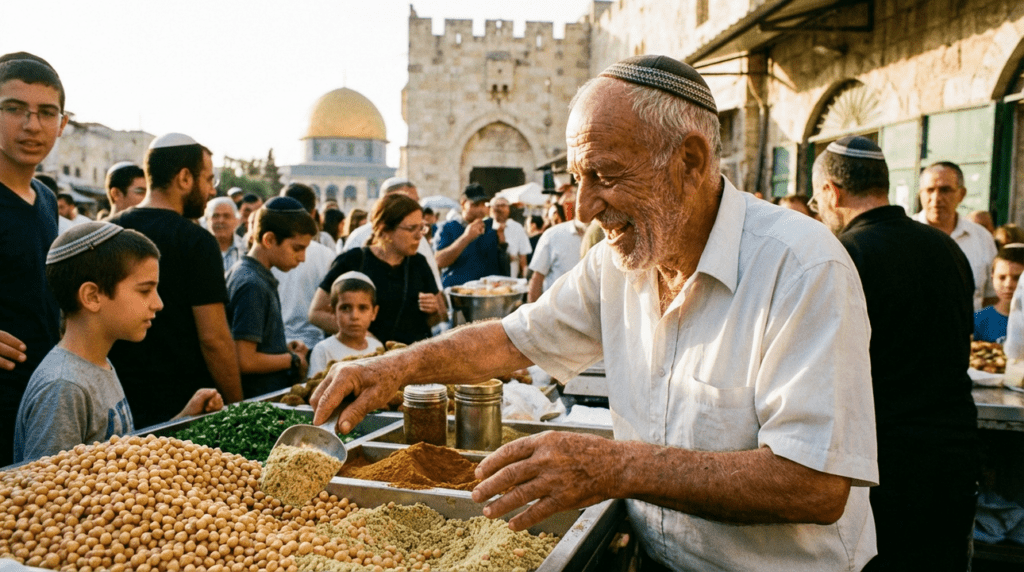 Elderly Jewish man making falafel at a busy Jerusalem market.