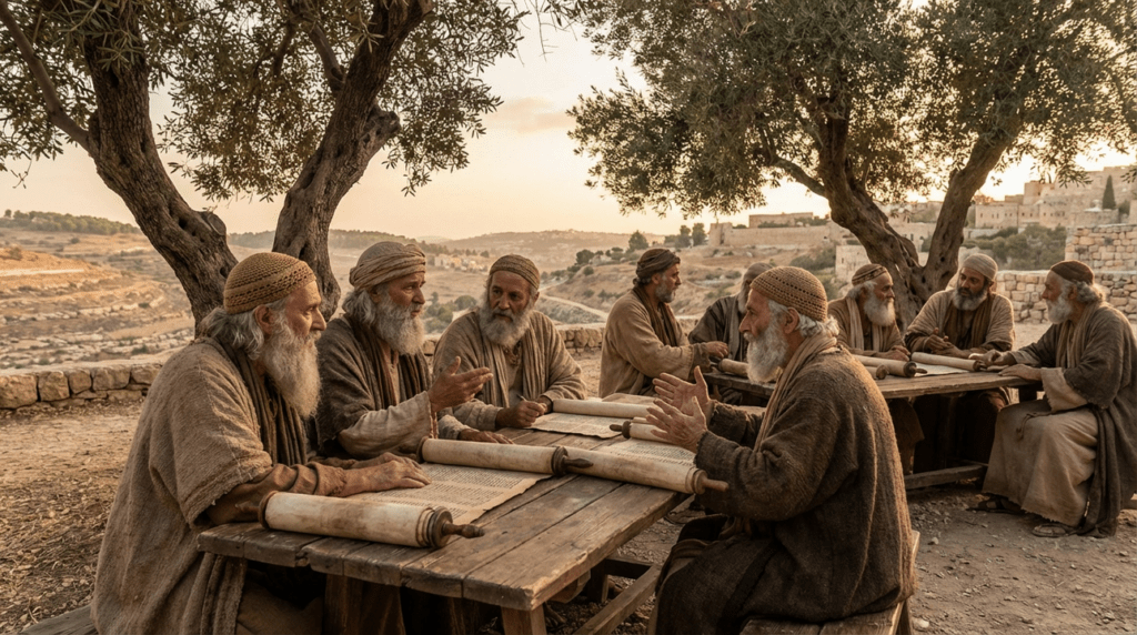 Elderly men in kipas discuss texts in an olive grove.