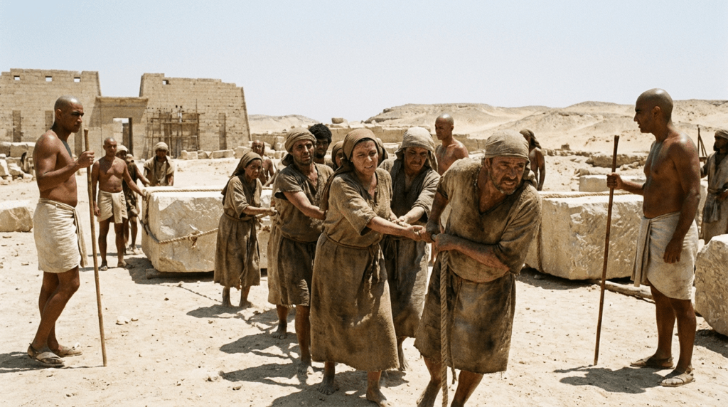 Hebrew workers labor under Egyptian supervision in ancient Egypt.