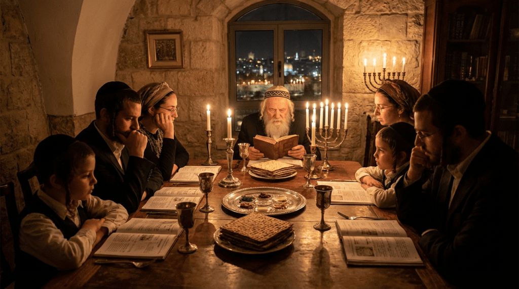 Elderly man leads Seder, family listens; table set with traditional items.