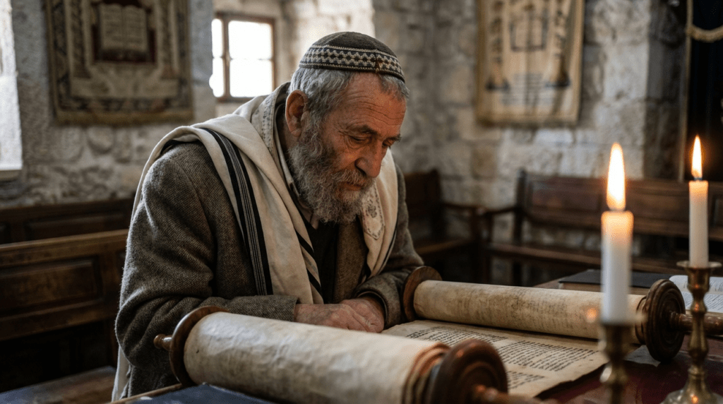 Elderly Jewish man reads Torah in a dim Jerusalem synagogue.