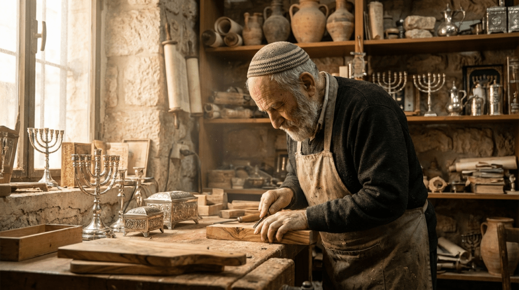 Elderly artisan crafting Jewish artifacts in a sunlit Jerusalem workshop.