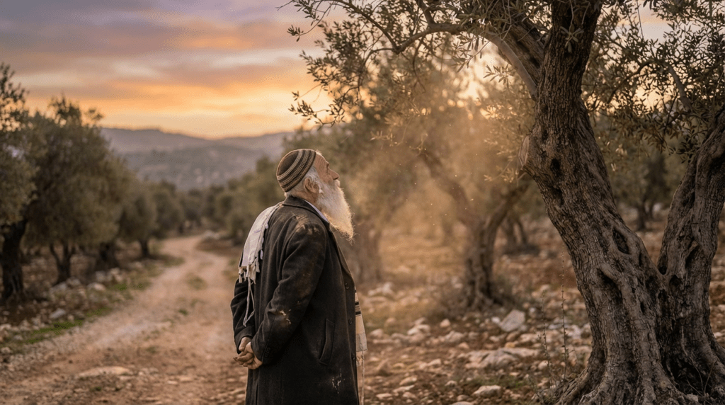 Elderly man in traditional Jewish attire standing by an olive tree.