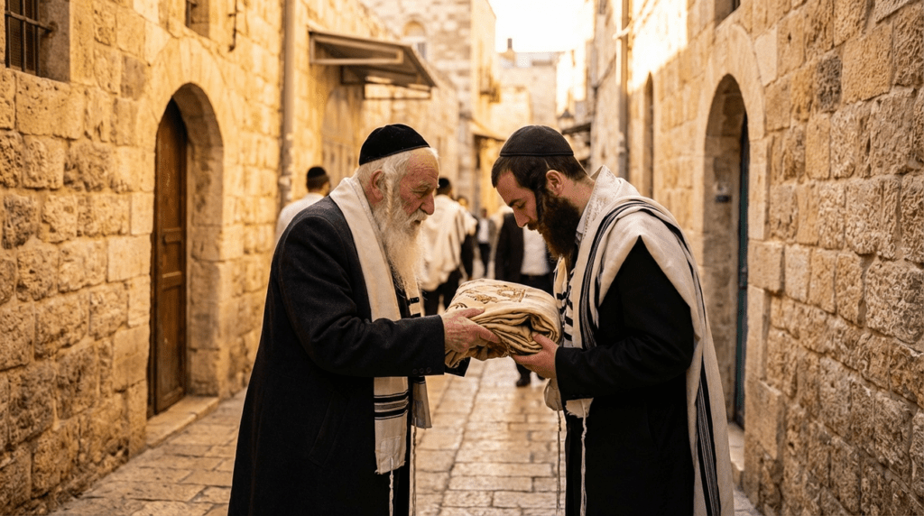 Elderly Jewish man passing mantle to younger man in Jerusalem alley.