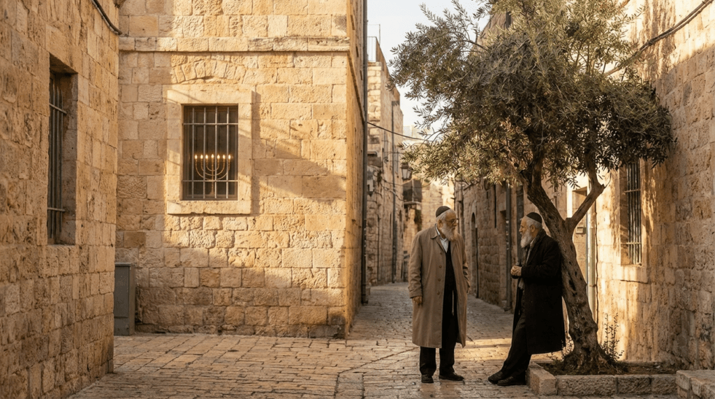 Morning light on Jerusalem's cobbled streets, menorah visible in window.