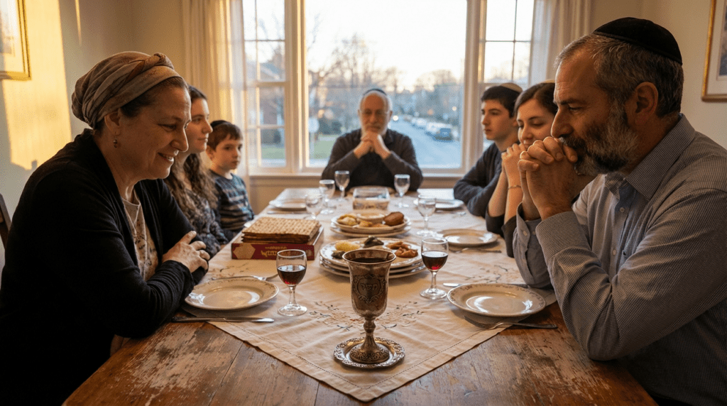 Dimly lit dining room with Elijah's ornate cup and Passover items.