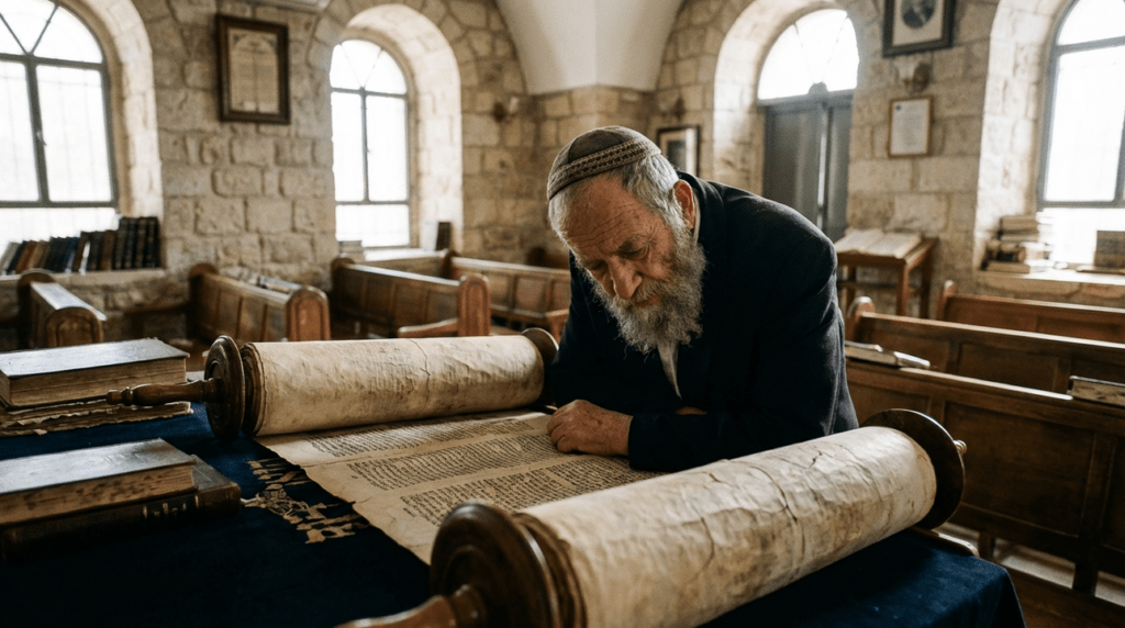 Elderly Jewish man reads Torah in stone-walled Jerusalem synagogue.