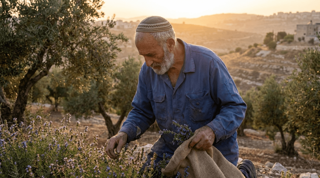 Elderly Jewish man in kippah harvesting hyssop in olive grove.