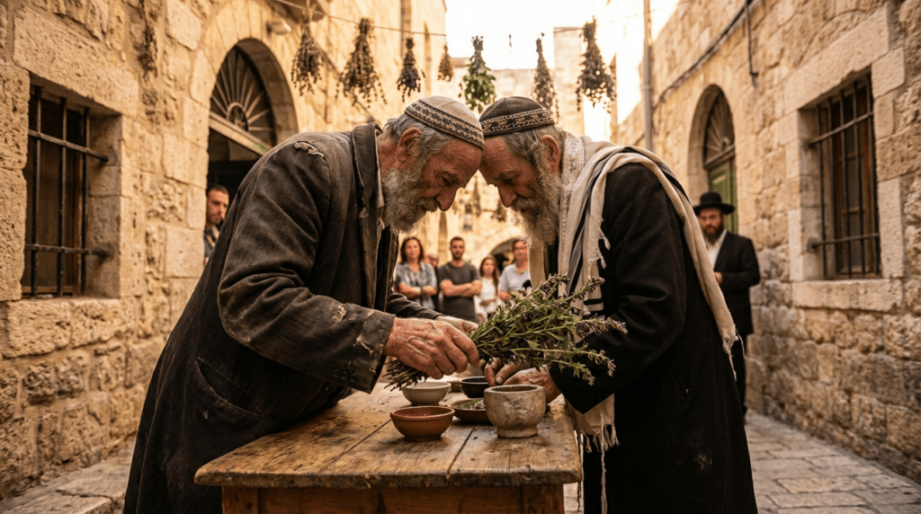 Elderly Jewish man using hyssop in ritual on Jerusalem street.