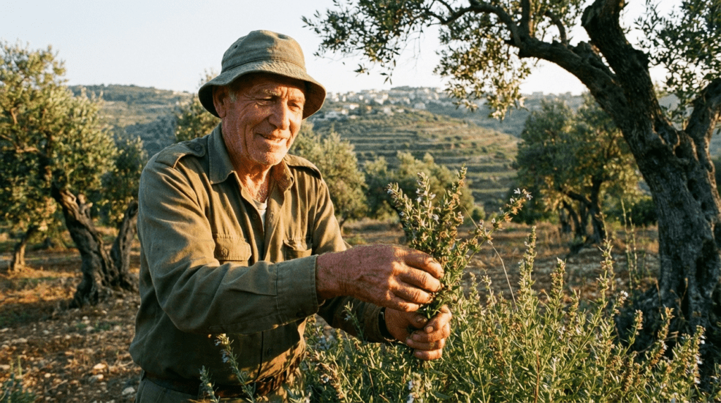 Elderly Israeli farmer harvesting hyssop in an olive grove at sunset.
