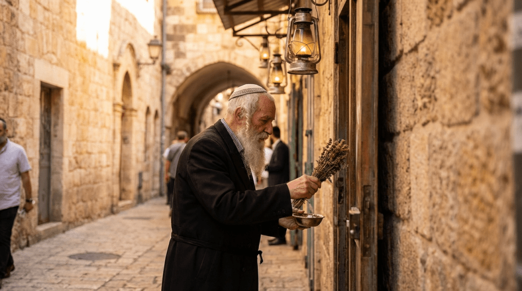 Elderly Jewish man applying lamb's blood to doorpost in Jerusalem alley.