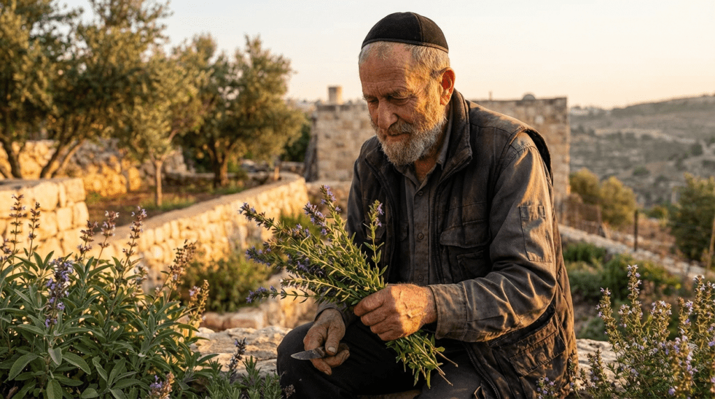 Elderly Jewish man in traditional attire harvesting hyssop in garden.