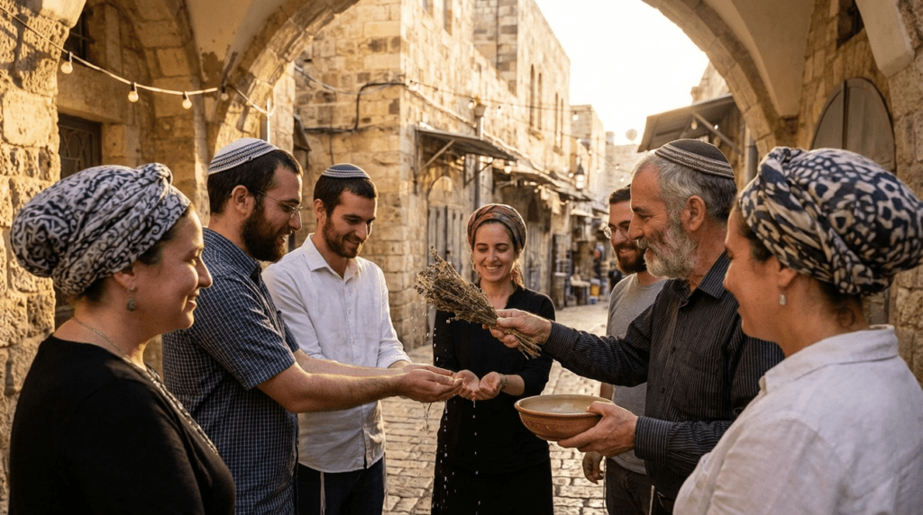 Jewish individuals in traditional attire perform a hyssop purification ceremony.