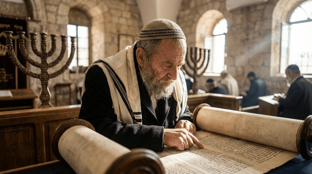 Elderly Jewish man wearing kippa reads Torah in Jerusalem synagogue.