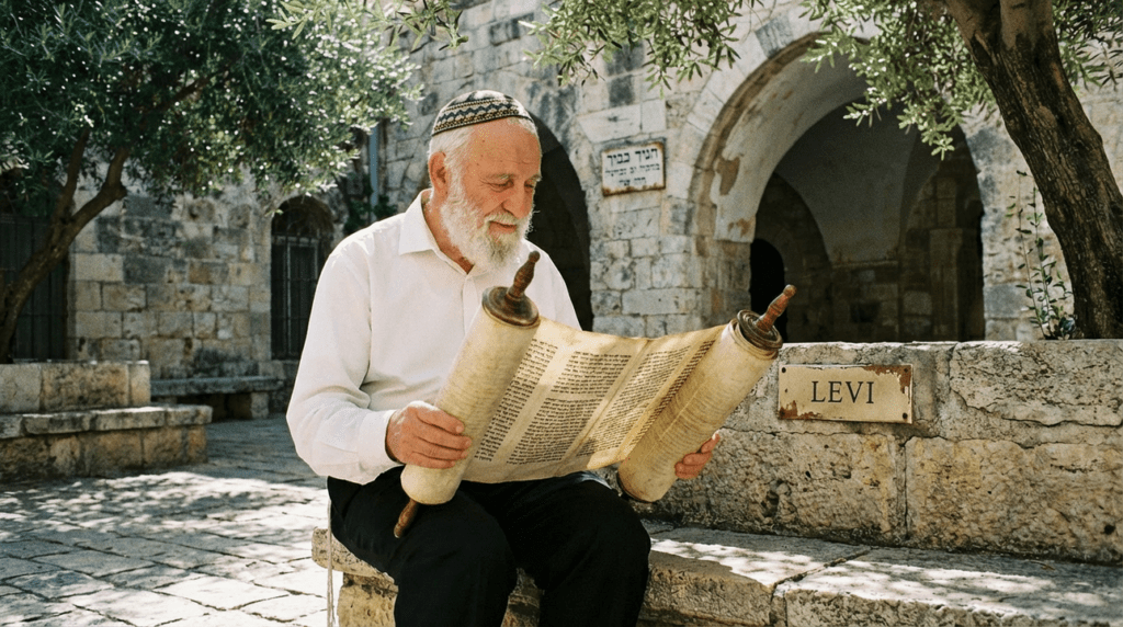 Elderly Jewish man in kippah reading Genesis in Jerusalem courtyard.