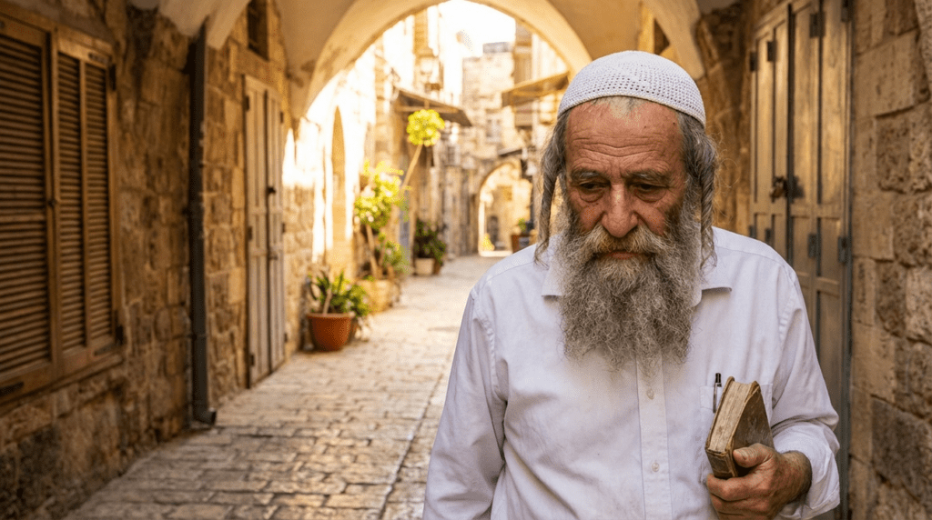 Elderly Jewish man in kippah, standing in sunlit Jerusalem alley.