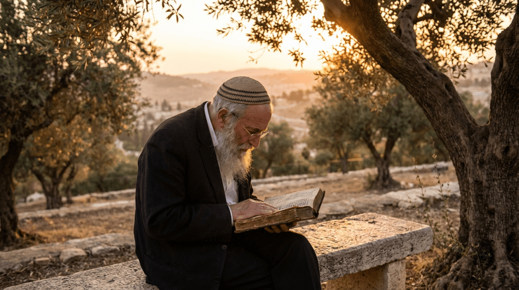 Elderly Jewish man in kippah reading a book in olive grove.