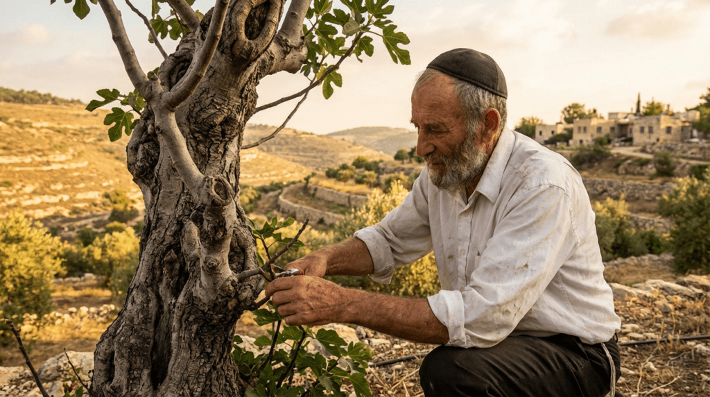 Elderly Jewish man caring for fig tree in olive grove.