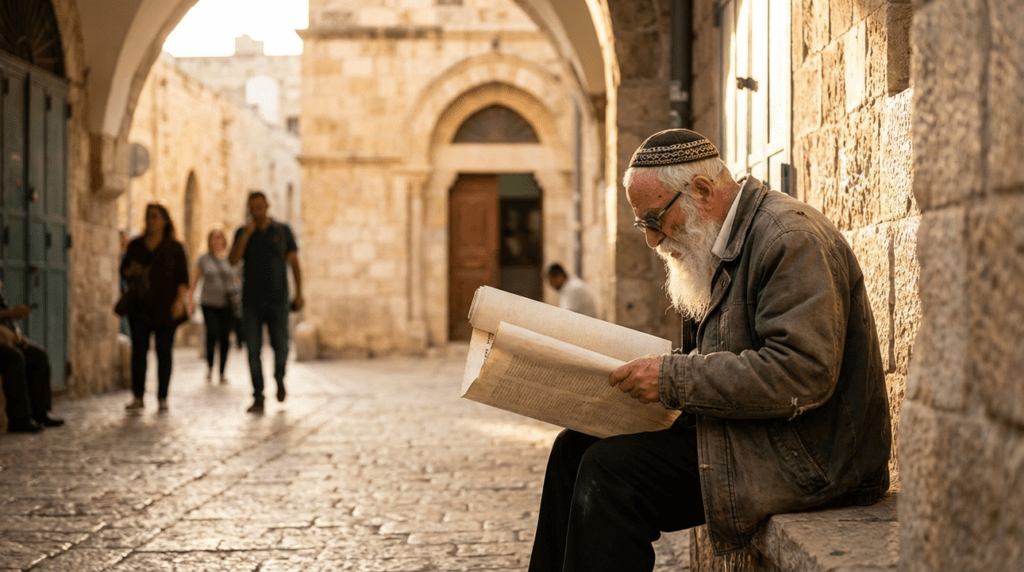 Elderly Jewish man in Jerusalem reads Torah, historic city backdrop.