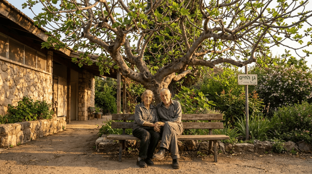 Elderly Jewish couple holding hands under a blossoming fig tree.