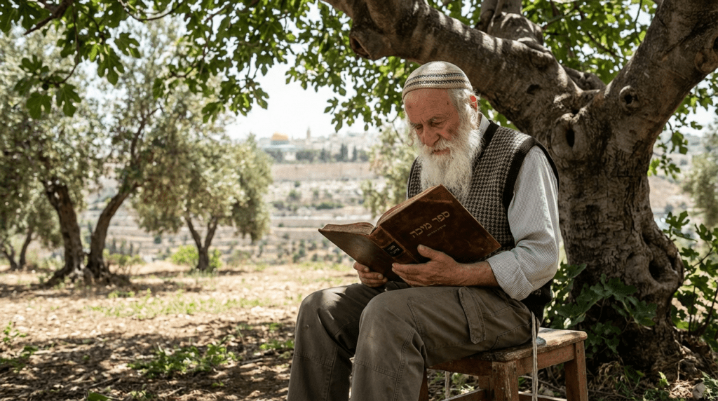 Elderly Jewish man reading under fig tree in olive grove.