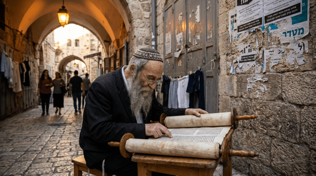 Elderly Jewish man reads Torah in Jerusalem alley at dusk.