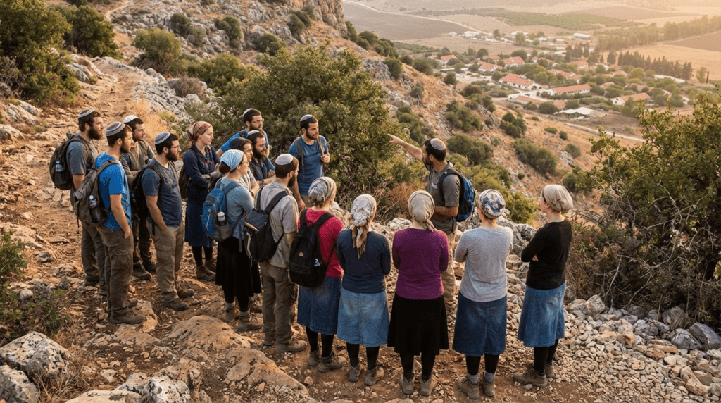 Group of hikers in culturally appropriate attire on Israeli mountain.