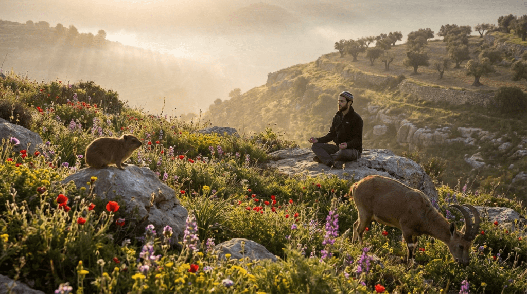 Serene mountain morning in Israel with meditating person and olive grove.