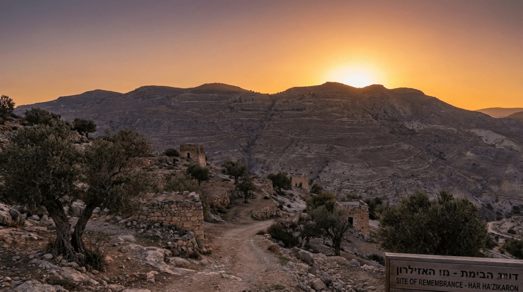 Mountain in Israel with olive groves and stone structures at sunset.