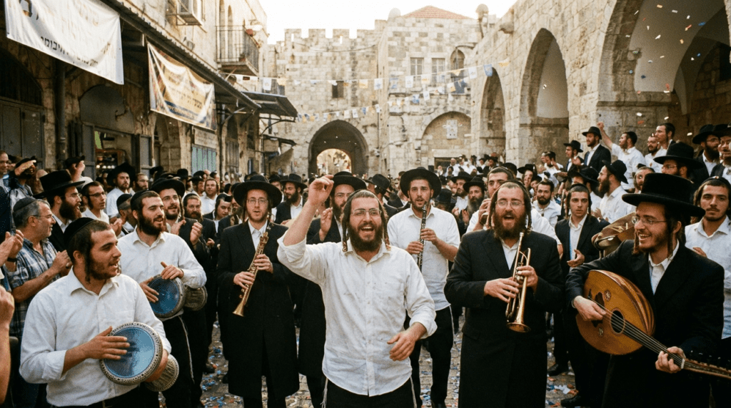 People in traditional Jewish attire dancing and playing instruments in Jerusalem.