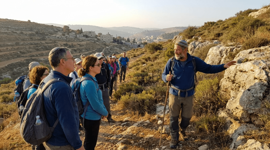 Group led by guide in kippah walking on rugged Jerusalem trail.