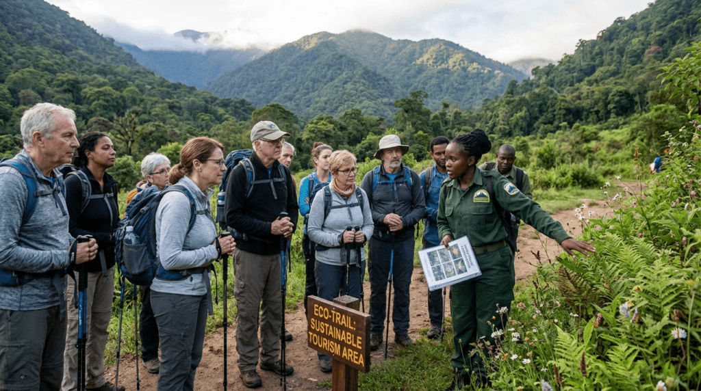 Tour guide explaining native plants to tourists in mountainous landscape.