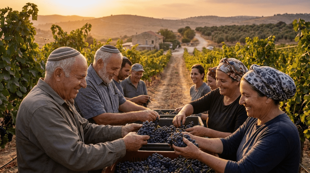 Diverse group harvesting grapes in an Israeli vineyard at sunset.