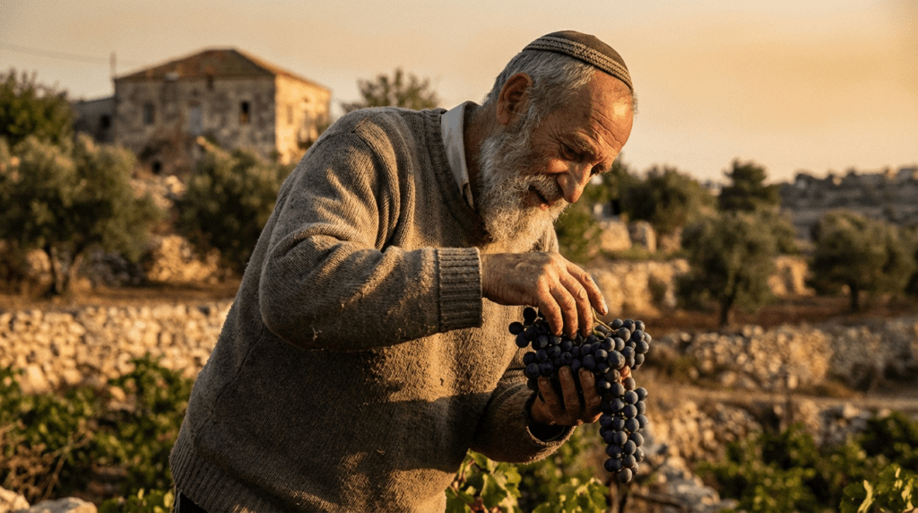 Elderly Jewish man examining grapes in a Jerusalem vineyard.